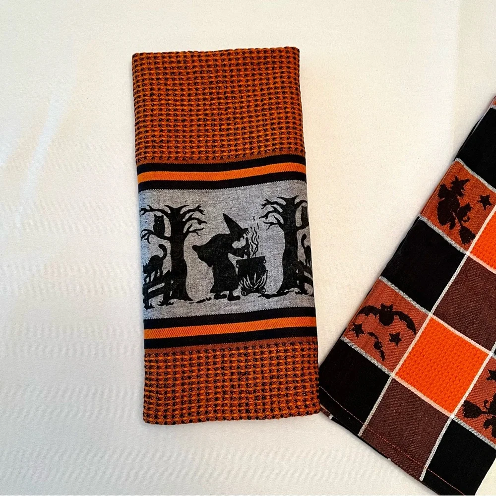 VTG 90s Old World Buffalo Check Spooky Halloween Hand Towels Witch Black Cat Bat